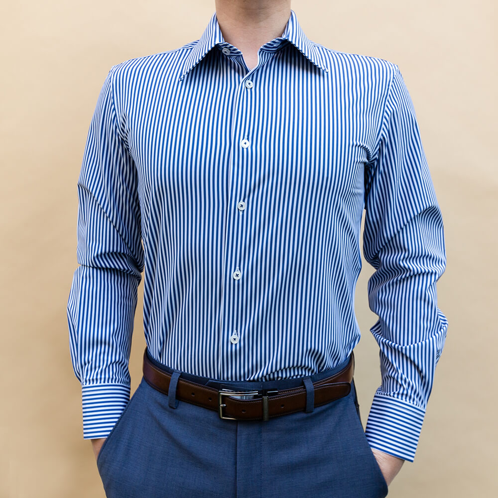 men's white and blue dress shirt on a male model