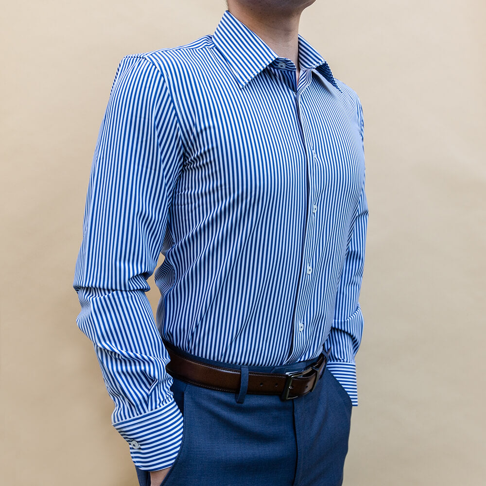 slim fit blue white striped dress shirt for professional office attire