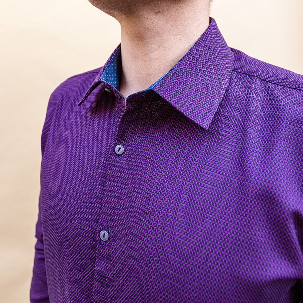 royal purple dress shirt on male model showing navy collar lining