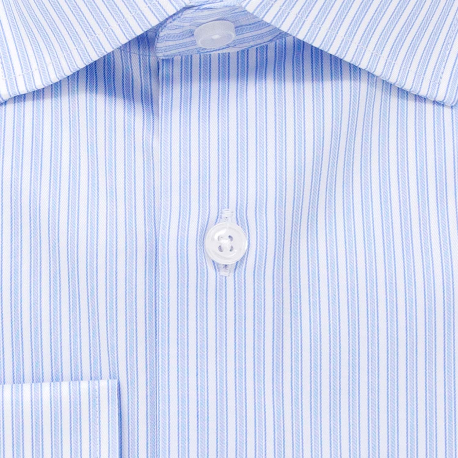mens blue and white striped dress shirt close up showing button and fabric details