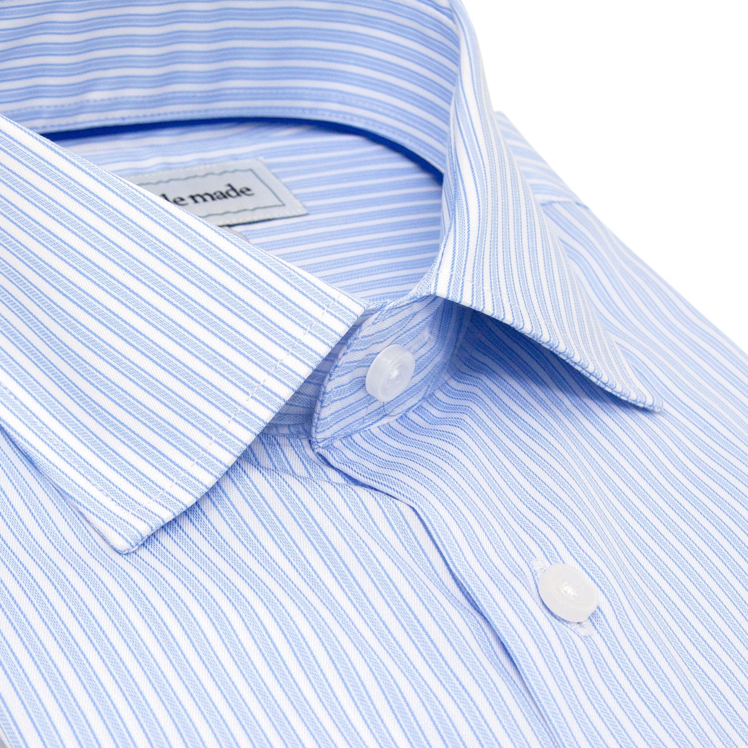 closeup collar of blue striped dress shirt for men