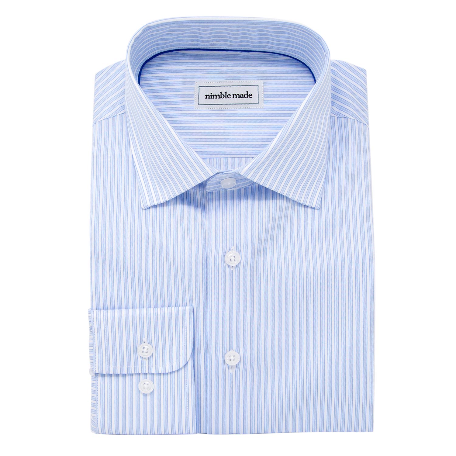 blue and white striped dress shirt folded on white background