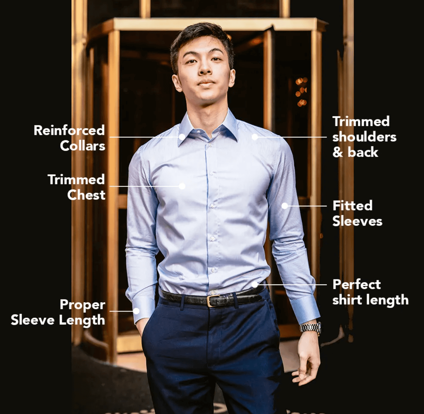 fit guide infographic for nimble made's actually slim fit dress shirts