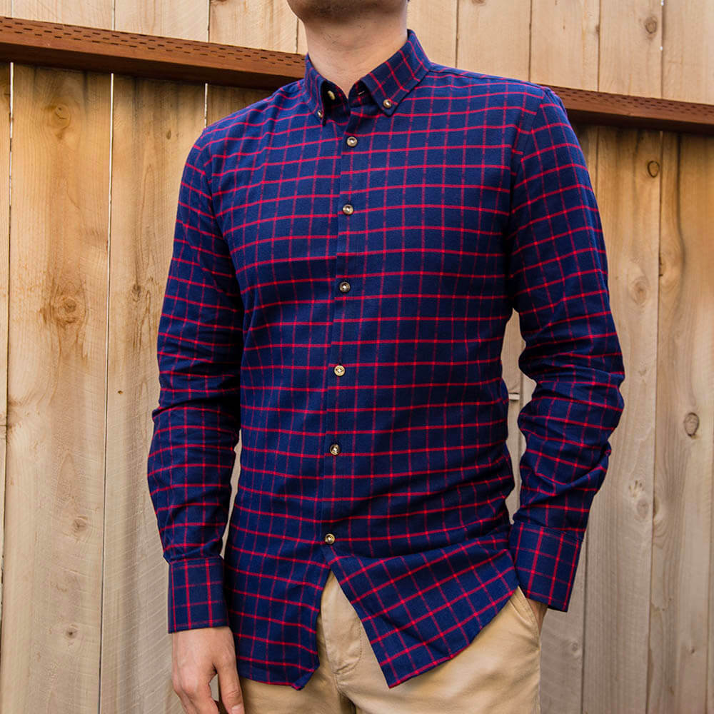 navy blue and red shirt on male model