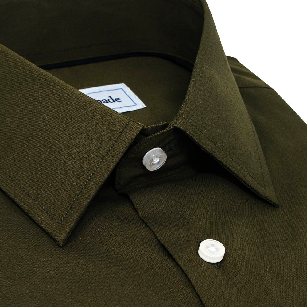 closeup of mens olive green dress shirt and pointed button up collars