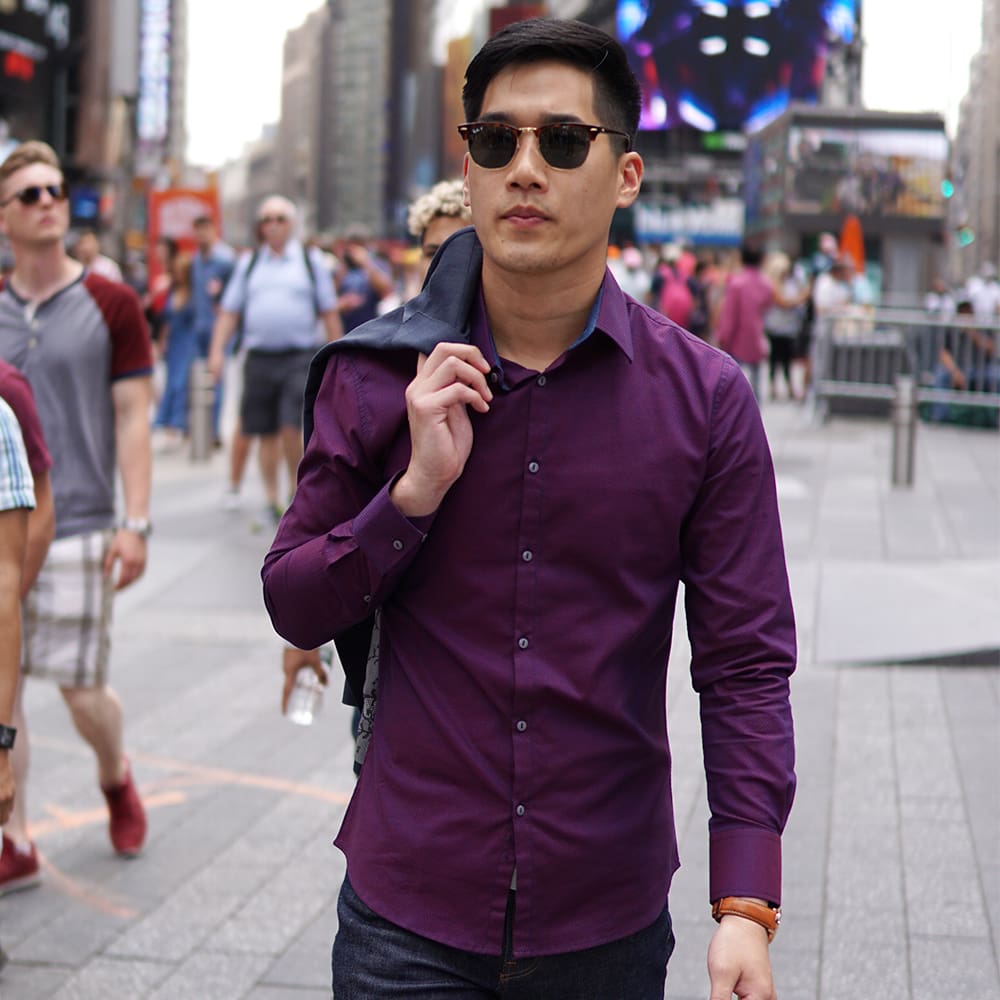 model wearing mens plum dress shirt in new york city
