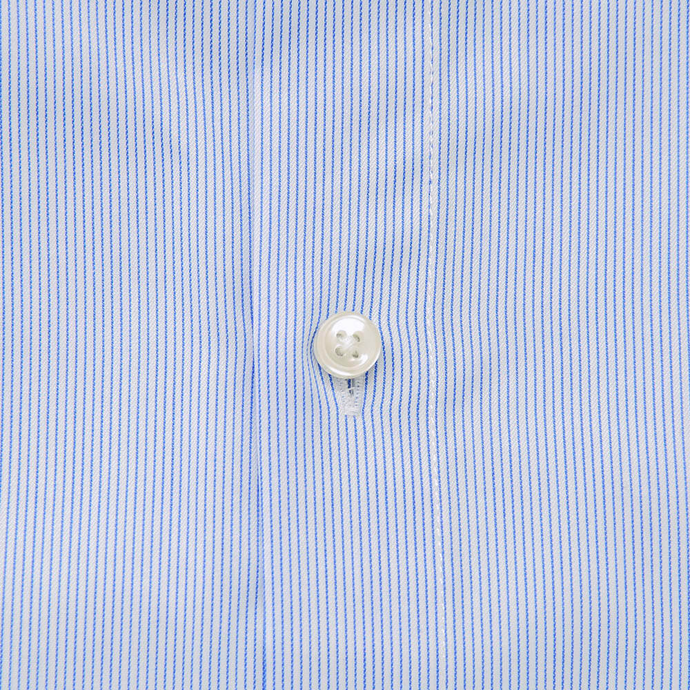 blue business shirt closeup of stripes and button fabric