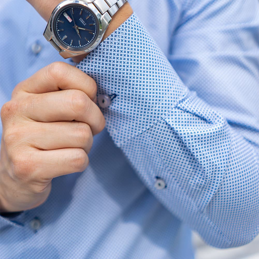 printed dress shirt men in light blue with dark blue pattern